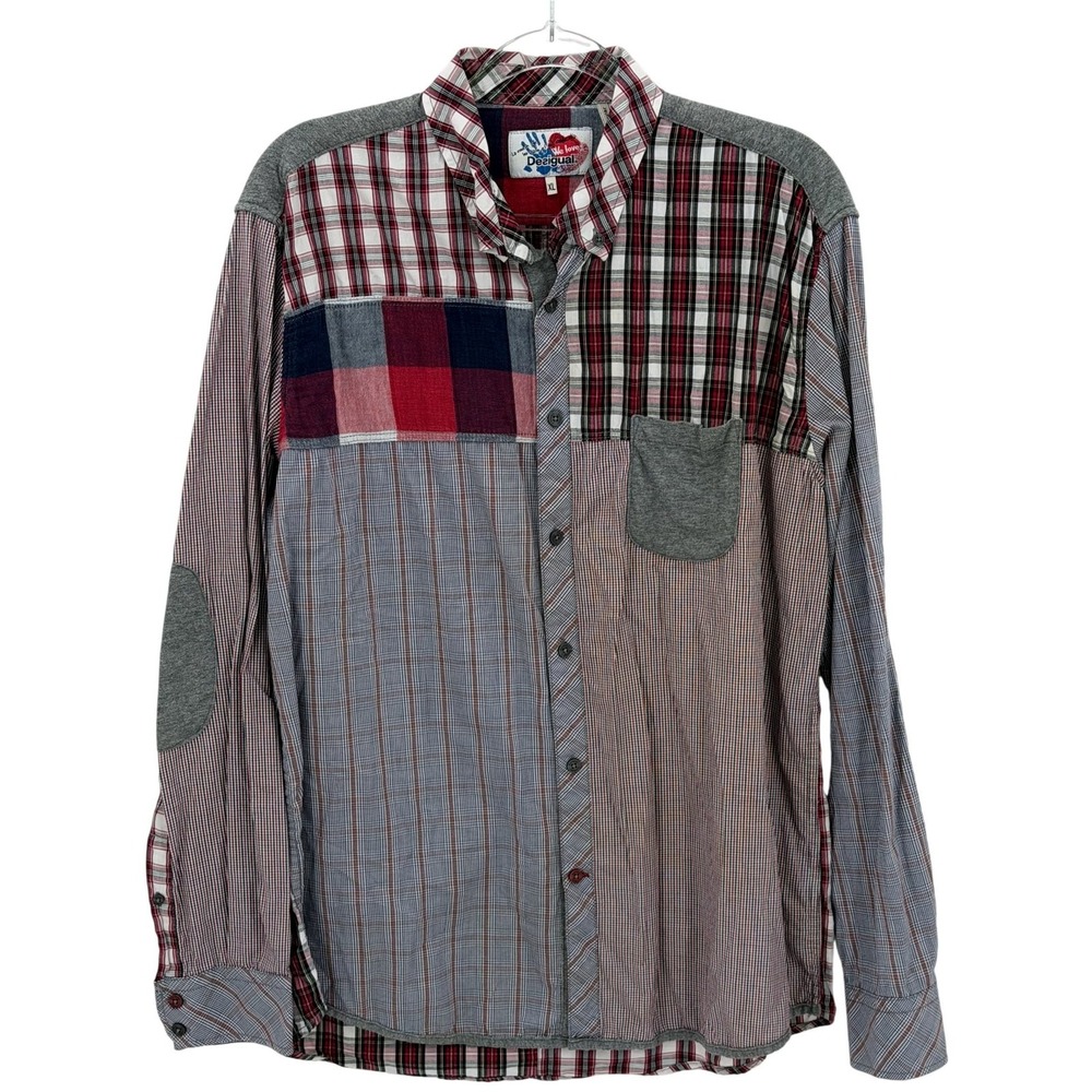 Desigual Shirt Mens XL Red Plaid Patchwork Button Up Artsy Preppy Autumn Fall